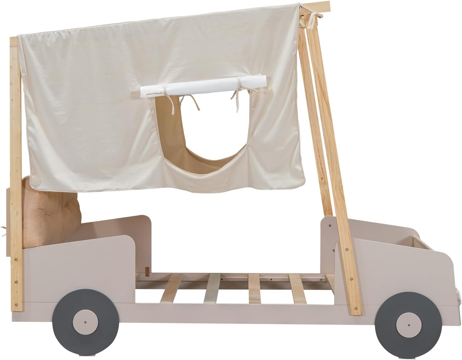 Twin Size kid Car Bed with Pillow & Car Headlights Shaped LED Light,Wood Kid Bed Frame W/Ceiling Cloth & Magazine Holder,Toy Bedroom Furniture for Boys Toddlers Child,Natural