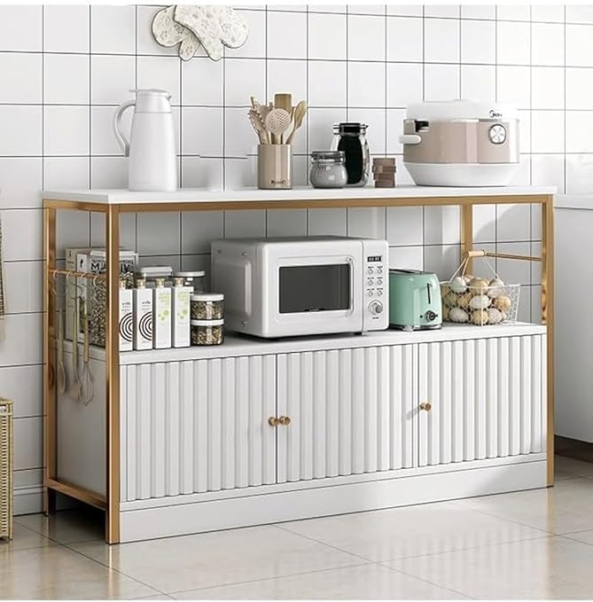2-Tier Kitchen Storage Shelf Rack with 3 Door Cabinet, Large Storage Rack, Microwave Oven Stand, Spice Organizer