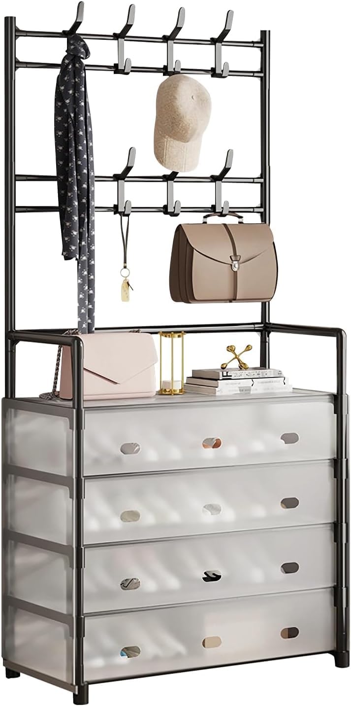 COOLBABY 5-Tier Coat and Shoe Rack with Dust Cover, Multi-Functional Hall Tree Entryway Organizer with 8 Hooks, Sturdy Metal Shoe Storage for Home, Hallway, and Bedroom (Black)