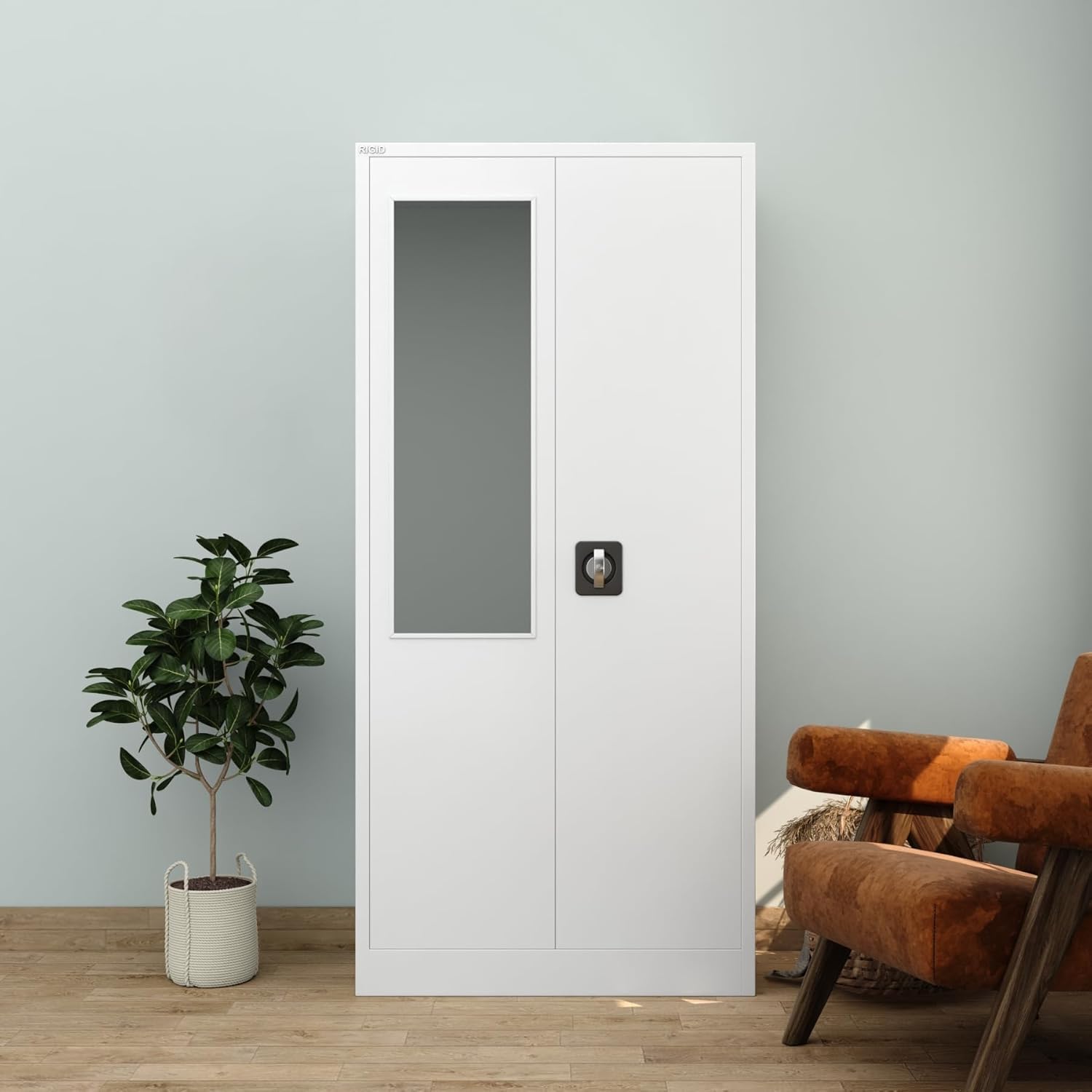 RIGID Steel Home Cupboard with Clothes-Hanging Space Shelving and Front Door Mirror (White)-GCC Home Center