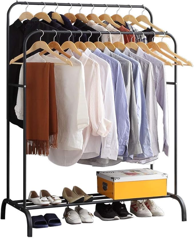 Metal Clothes Rack – Heavy Duty Hanger with Storage Shelf & Side Hooks (White)