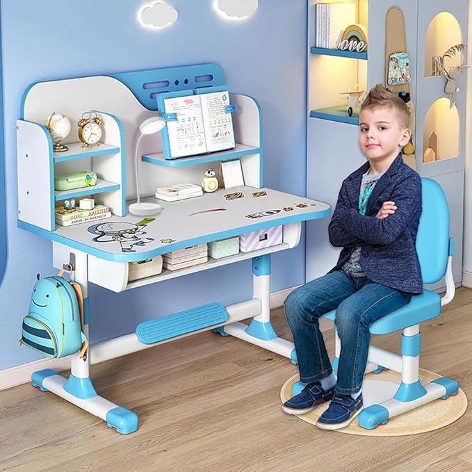 Adjustable Kids Study Learning Desk and Chair Set With Bookshelf, Drawer Storage, Shelves, Table Lamp & Fun Stickers