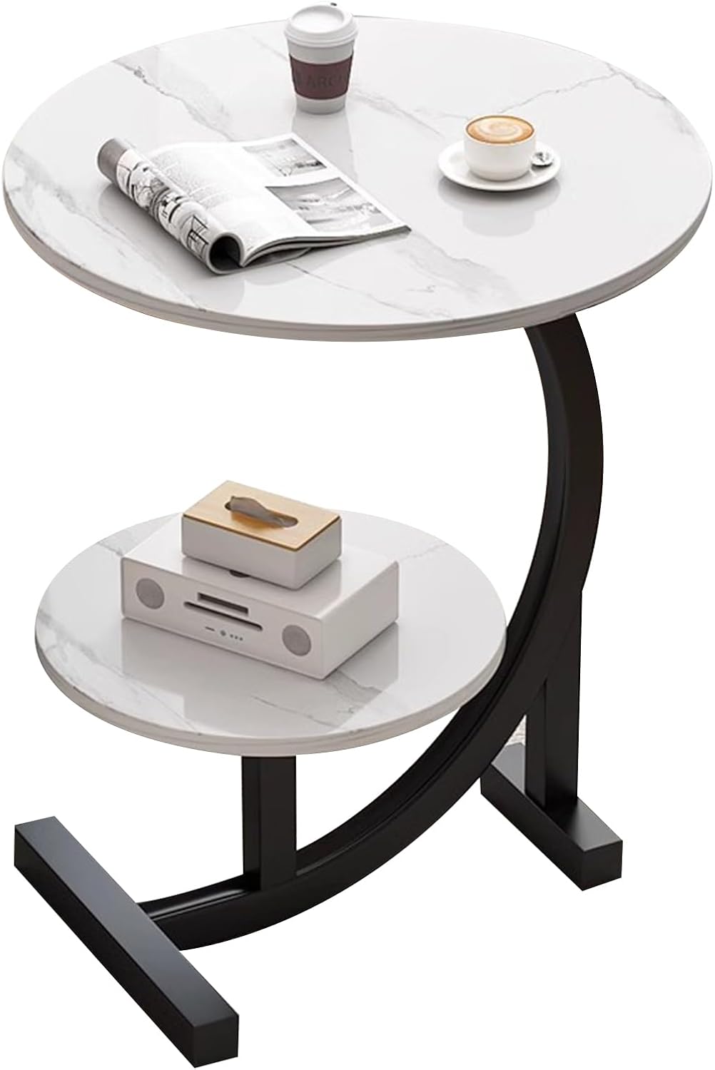 Beauenty Round Side Table Coffee Couch Bedside Table End Table for Small Spaces C Shaped End Table Drink Table for Living Room, Bedroom, Office, Dorm (White Marble)
