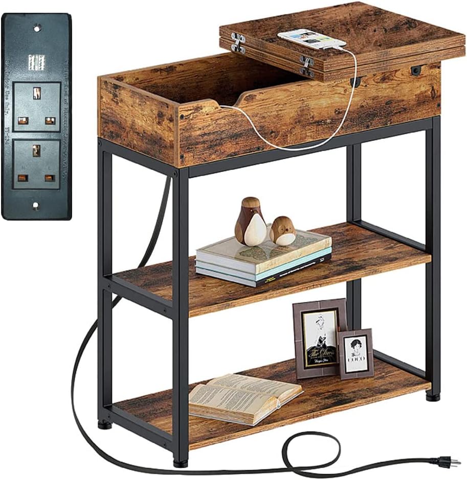 NeoStyle Side Table with Charging Station, Nightstand with USB Ports and Outlets,Flip Top Open Narrow Sofa End Table with Storage Shelf for Living Room, Bedroom