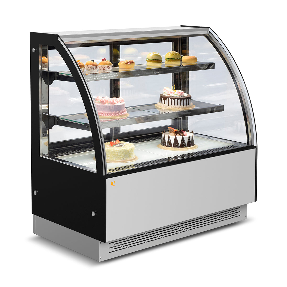Temperature control, air-cooled and frost-free, energy saving, imported accessories Cake Showcase Chiller Right Angle Twin-deck Cake Showcase Curved Stainless Steel