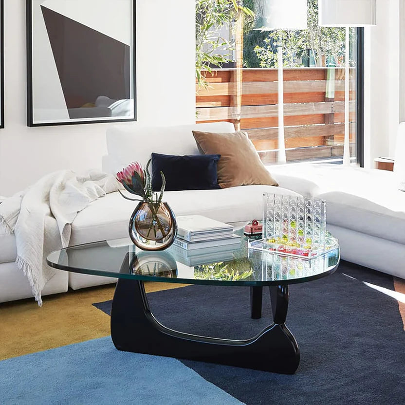 Modern Glass Coffee Table (Black Glass Top & Wood Base)