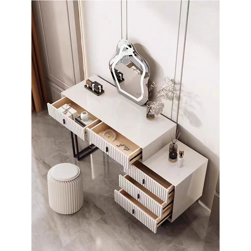 Modern White Vanity Desk with LED Wavy Mirror, 5 Drawers & Storage Cabinet | Makeup Dressing Table with Lights, Study Desk & Console Table