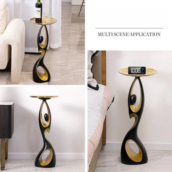 Luxury Figurine Art Ornament Floor Standing Side Table with Tray – Modern Metal Decorative Sculpture for Living Room, Bedroom & Entrance