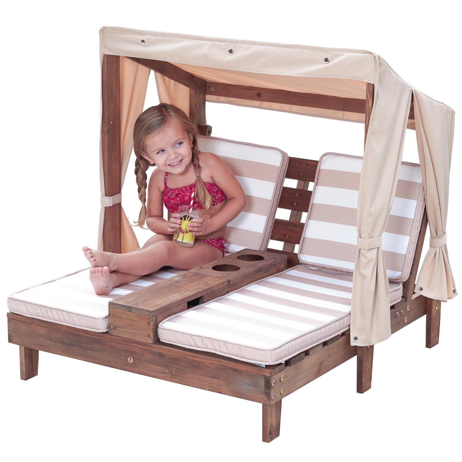 KidKraft Wooden Outdoor Double Chaise Lounge with Cup Holders, Kid's Patio Furniture, Honey Navy and White Striped Fabric, Gift for Ages 3-8