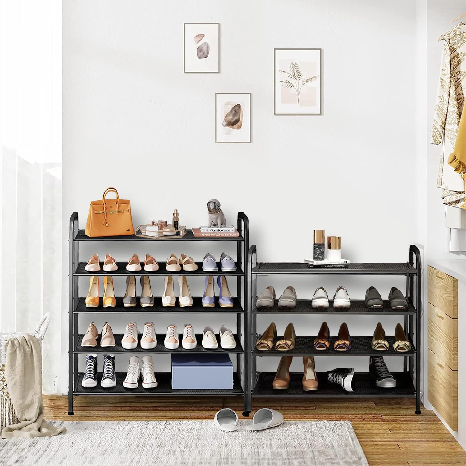 INFOSUN Shoe Rack, Shoes Cabinet Organizer, 4-Tier Shoe Storage with 3 Mesh Shelves, Multi-Function Organizer, Boots Storage Shelf Modern House Furniture Home for Entryway Hallway (Black, 4 Tier)