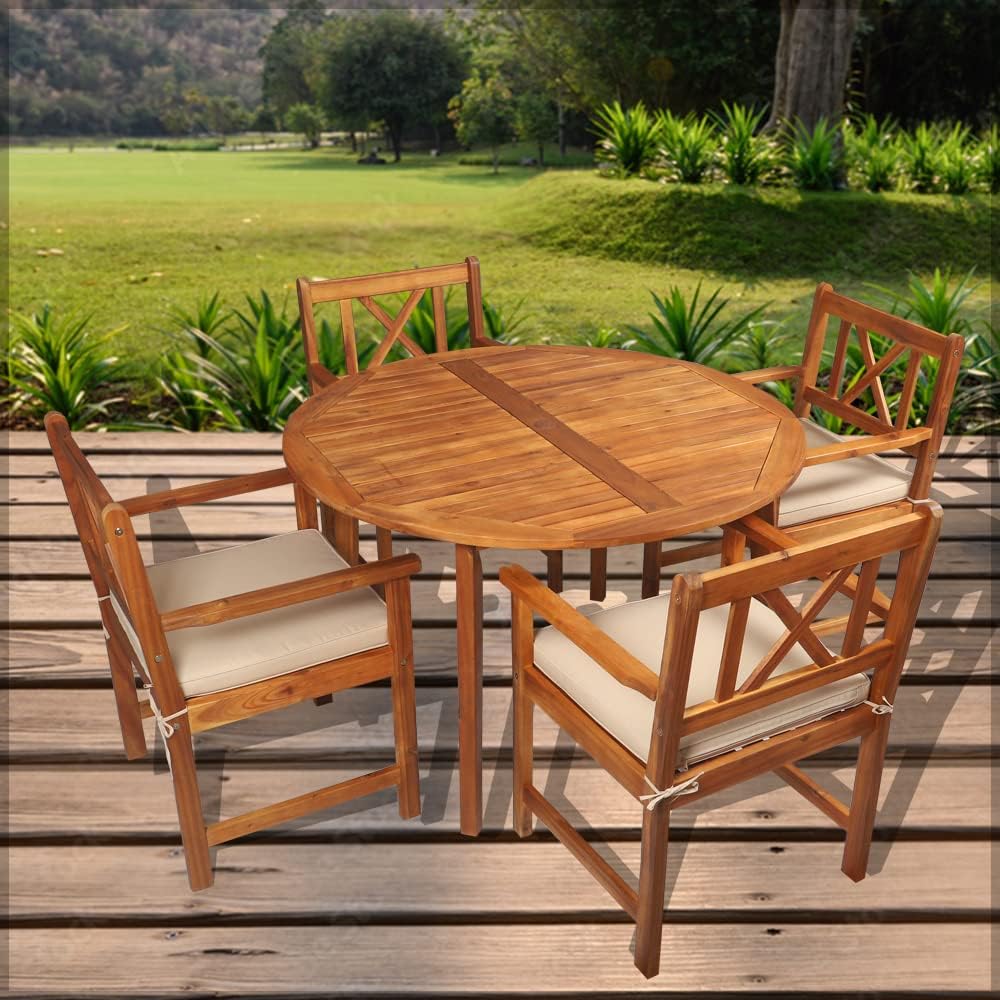 Acacia Wood Chairs With Cushions Table Round Bistro Set Patio Dining Table Set 5 Pcs Wood Furniture for Indoor Outdoor Poolside Garden Balcony Terrace Use - Garden Furniture - Dining Set for 5-GCC Home Center