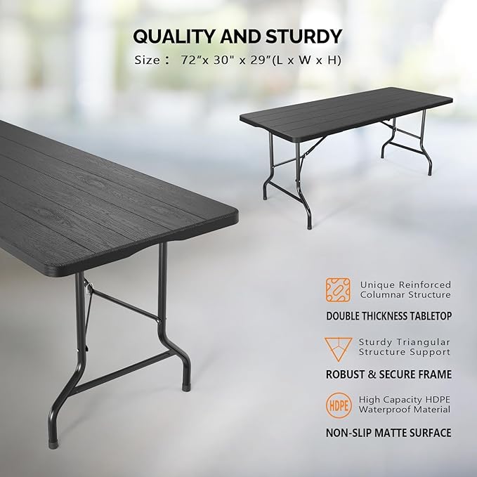 1.8M Folding Lightweight Trestle Camping Table – Black (180×75×75cm)