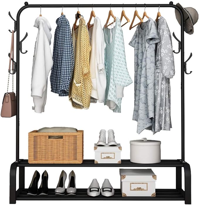 Metal Clothes Rack – Heavy Duty Hanger with Storage Shelf & Side Hooks (White)