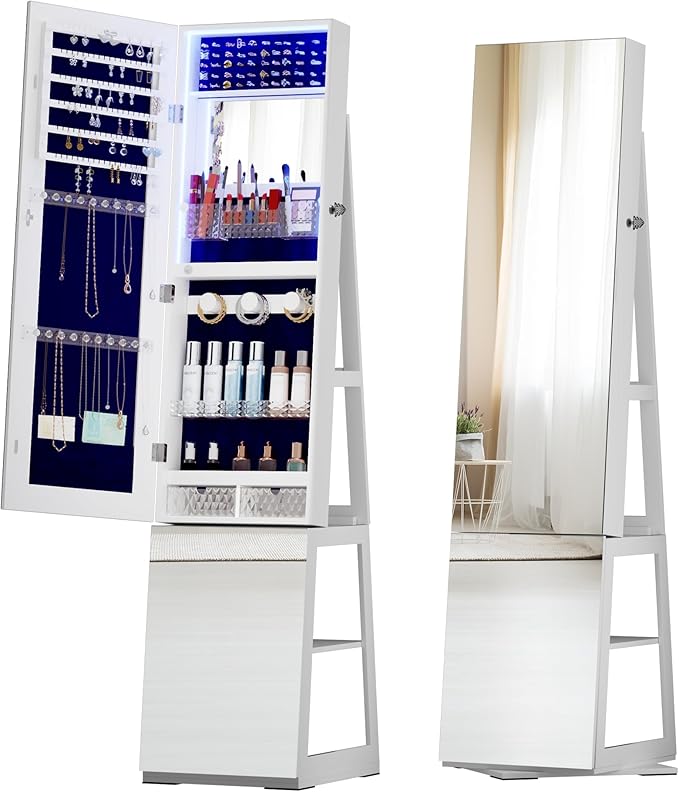 Mirror Jewelry Cabinet with Storage – 360° Swivel Jewelry Armoire, Light And Shelves