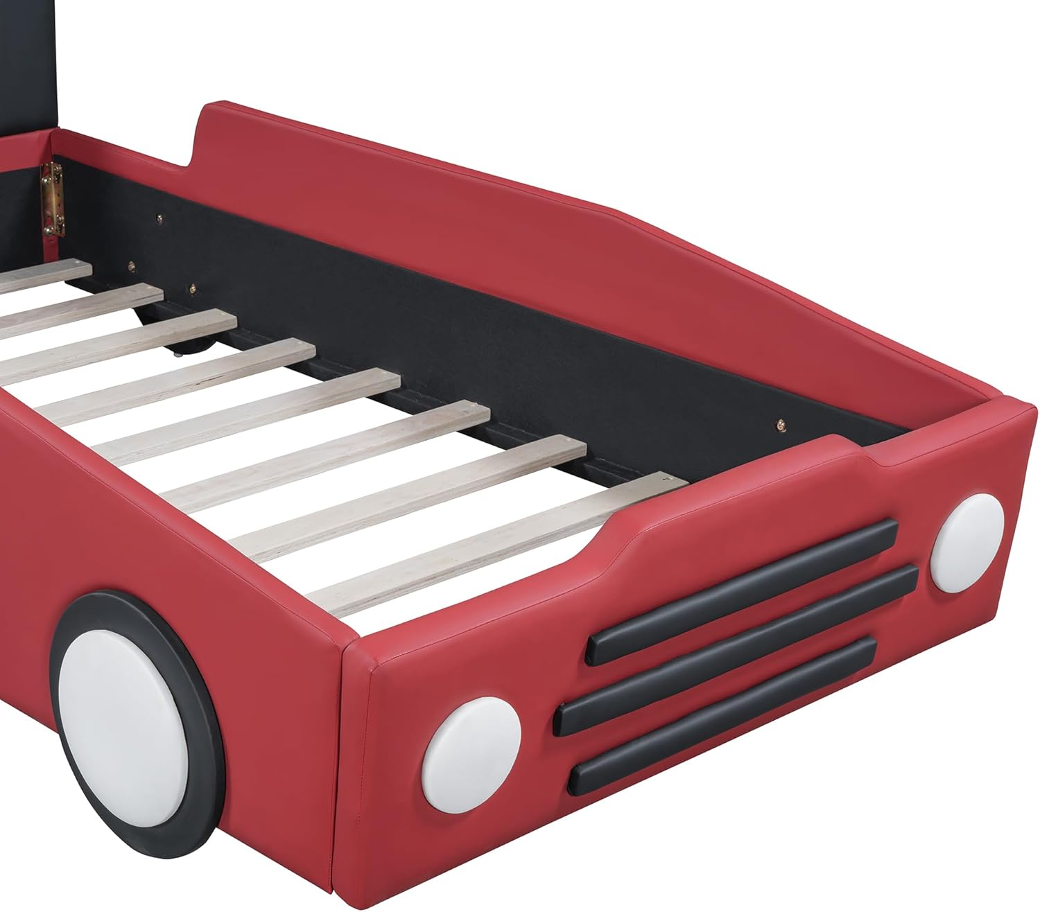 Twin Size Race kid Car Bed for Kids, PU Car-Shaped Bedframe with Wheels and Side Rails for Boys,Girls, Wood Slat Support, No Box Spring Needed,White