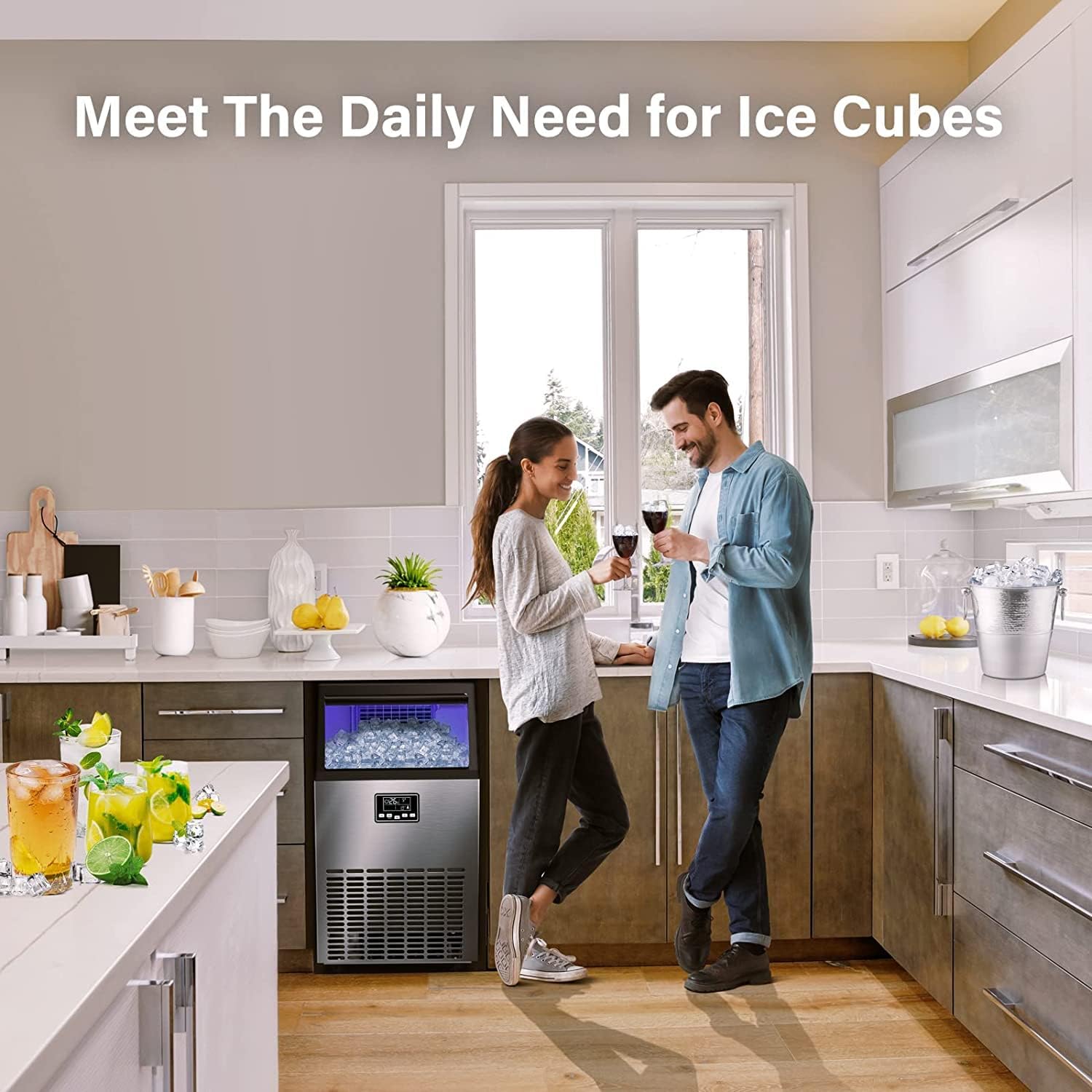 COOLBABY Ice Maker Commercial Machine Self Clean, 44 Cubes per Batch in 11-18 Minutes 100KG/24H,15KG Storage Bin, Advanced LCD Panel w/Clear Indicators, Freestanding for Restaurant/Home/Food Truck Use