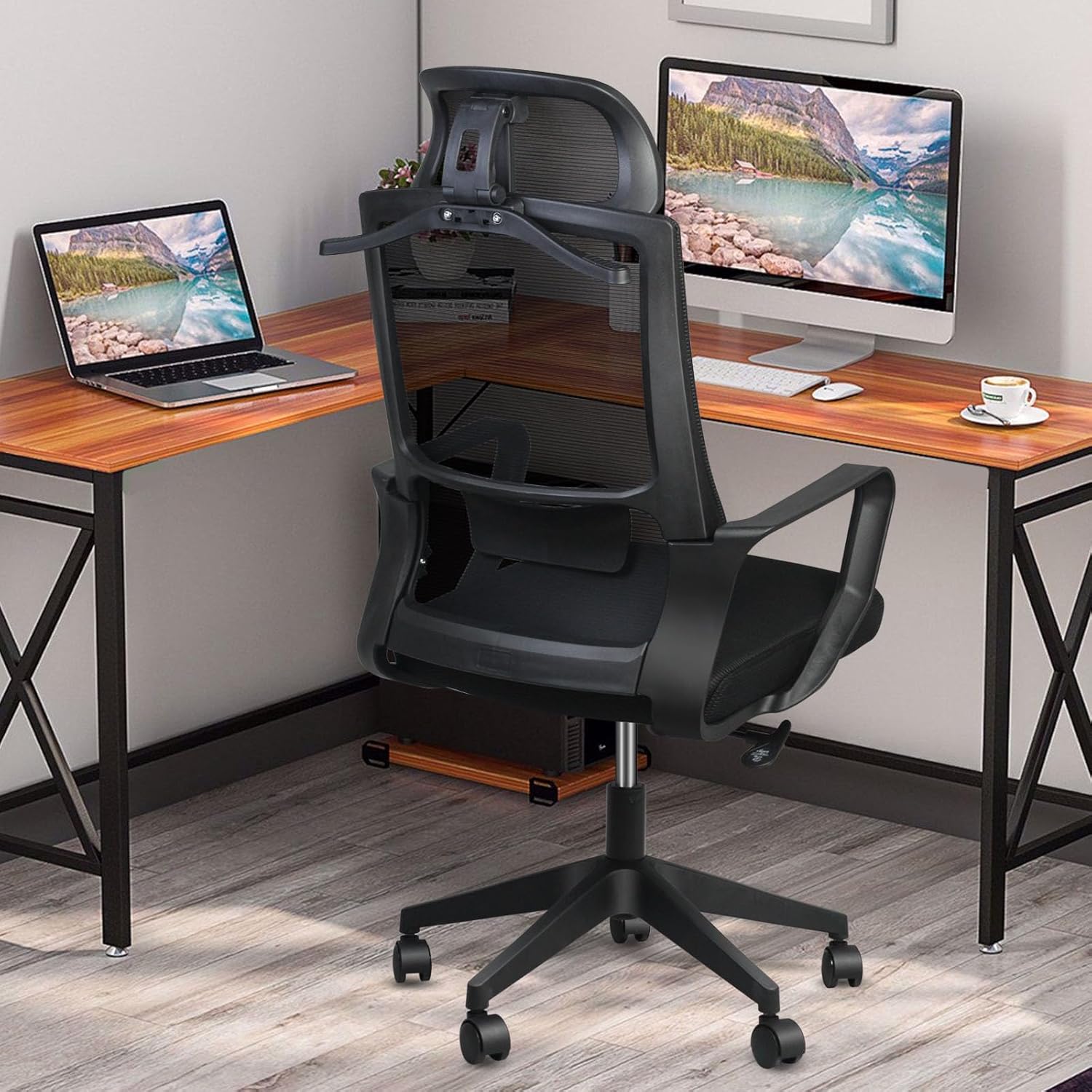 Ergonomic Office Chair with Adjustable Headrest | Desk Chair | Lumbar Support | Large Space Padded Seat Cushion｜with Tilt Back｜Mesh Breathable Backrest｜60 * 60 * 131cm Black