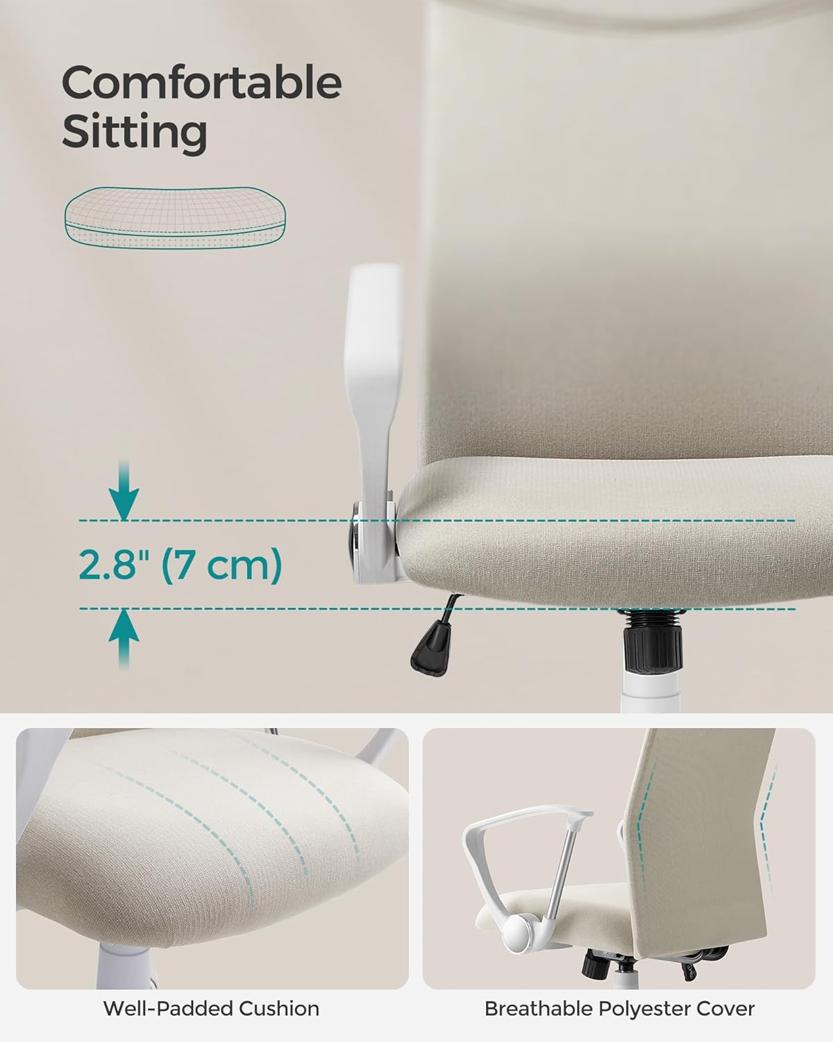 Office Chair, Ergonomic Chair, Swivel Seat, Padded Seat, Adjustable Height and Recliner, Load Capacity 120 kg, Cappuccino Beige