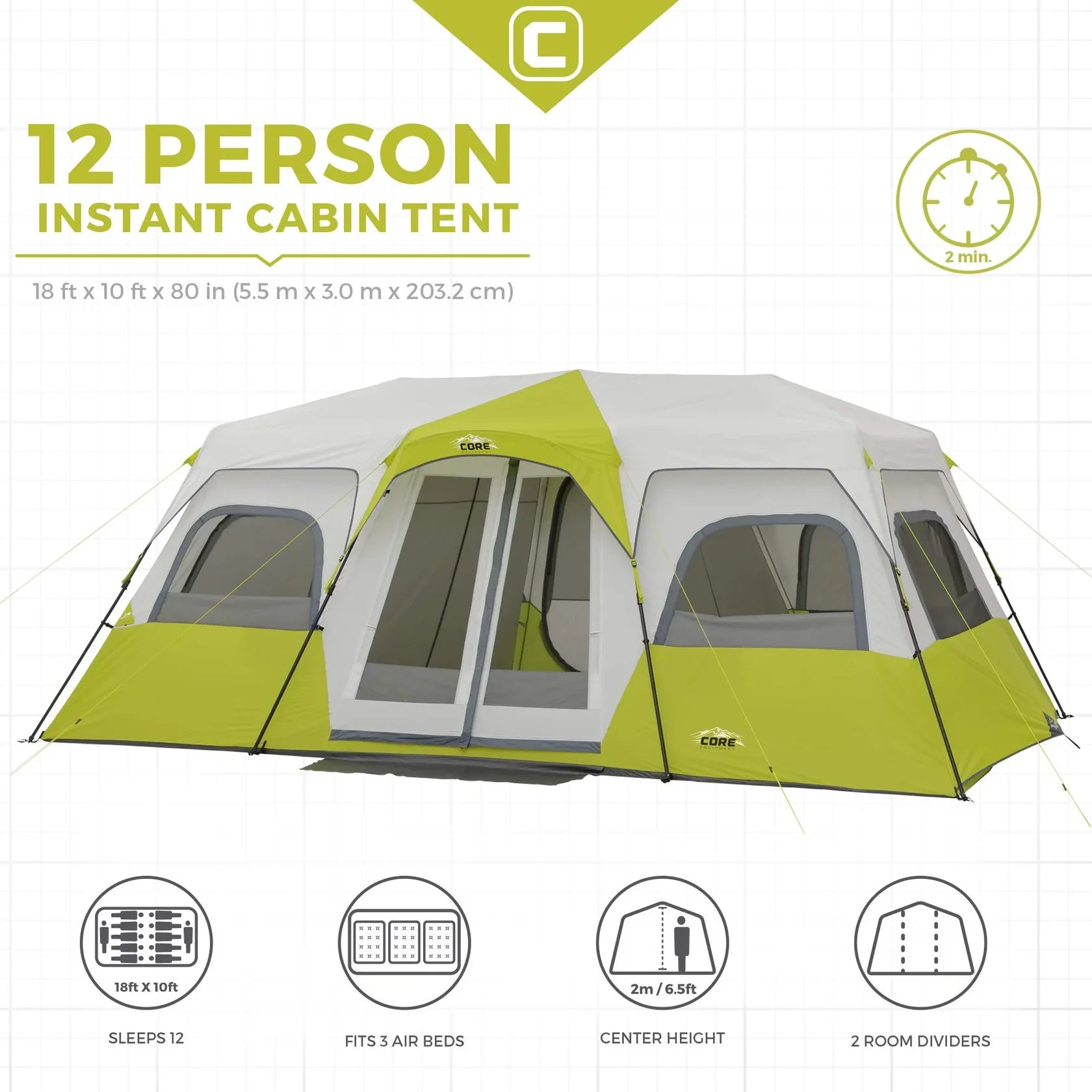 Core 12 Person Instant Cabin Tent – 18' × 10'