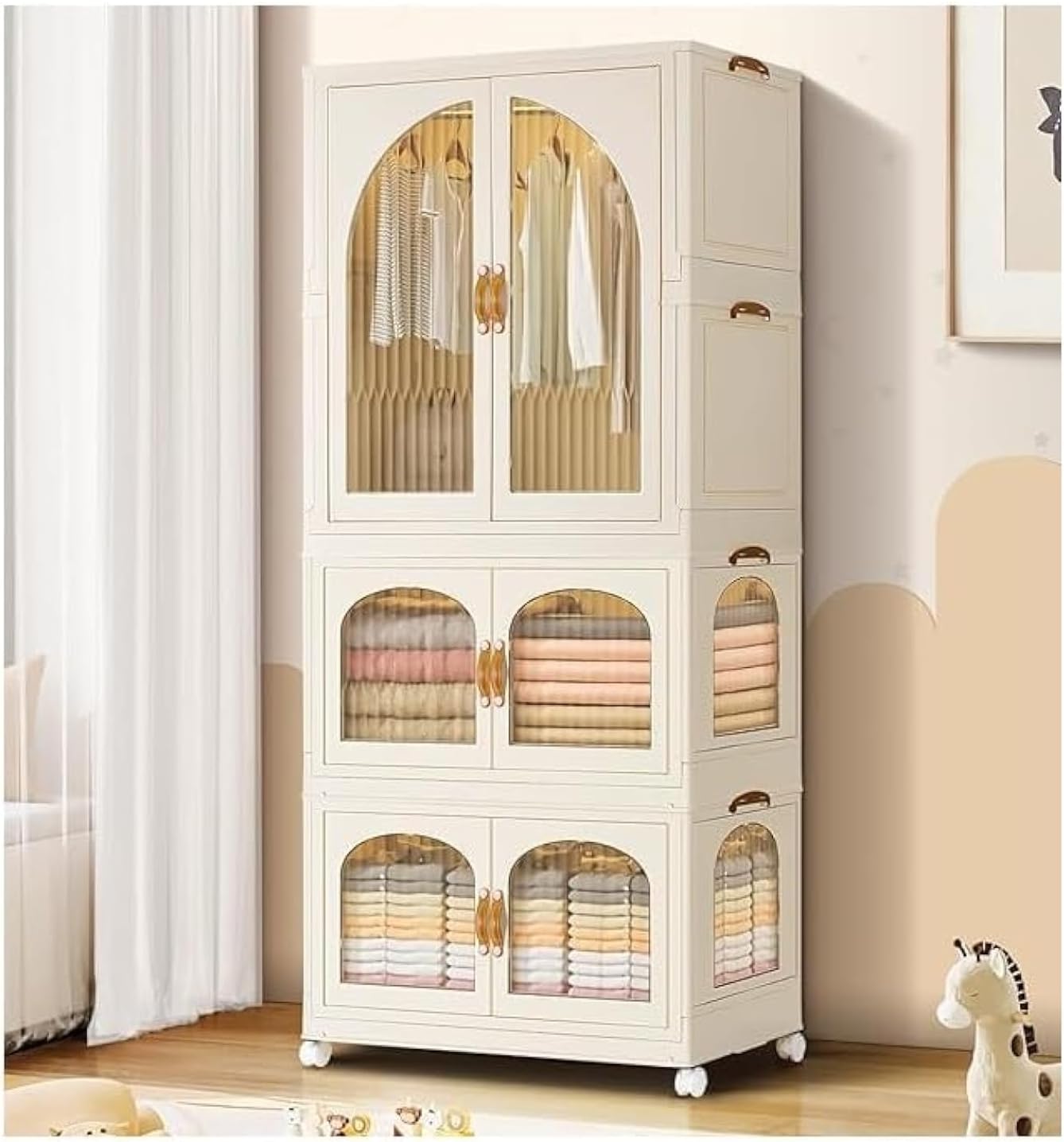 TAPIT Portable Closet Wardrobe Foldable Baby Clothes Organizer Kids Closet Wardrobe Collapsible Children Clothes Cabinet Bedroom Nursery Armoire Clothing Storage with Clear Doors (B-7033-1)-GCC Home Center