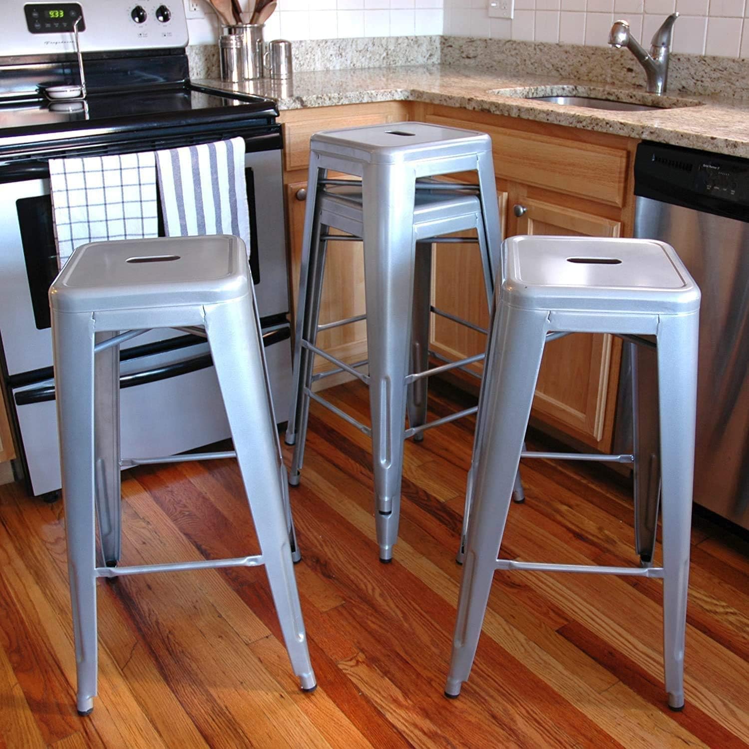 LANNY Furniture 75cm Height Antique Tolix Metal Stackable Barstools D7 Indoor-Outdoor High Chair with Square Seat for Counter Courtyard Kitchen Dining Room Restaurant Bar shop Eating (silver)-GCC Home Center