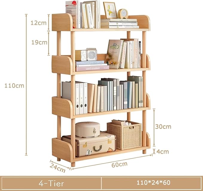 4-Tier Wooden Open Bookcase (Oak) – Modern Bookshelf with Solid Wood Frame