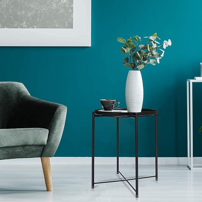 Round Metal Tray Table, Waterproof Folding Side Table for Living Room – 42×42×53cm