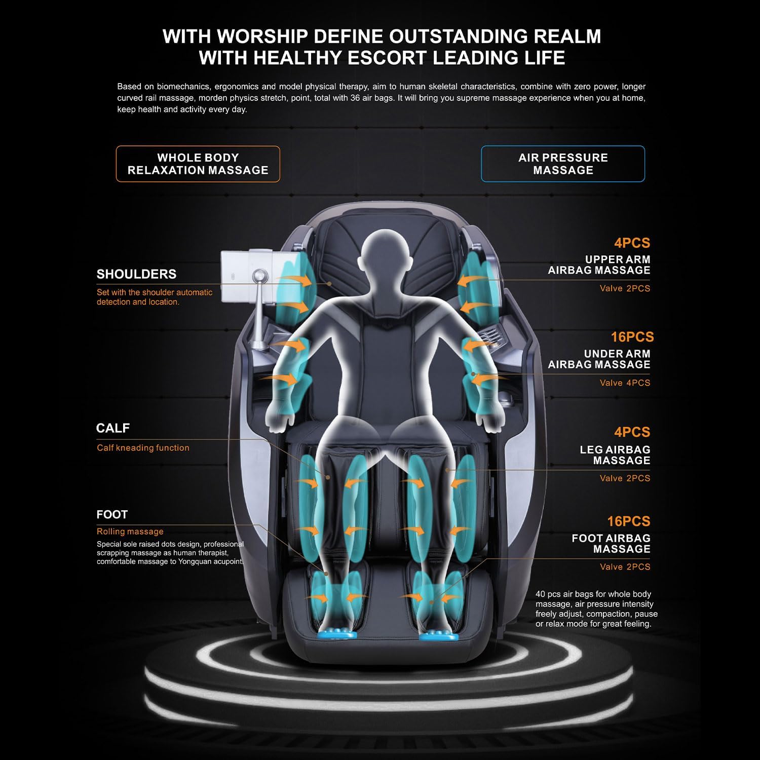 ARES iHealth Massage Chair with Smart Health Technology | 4D+SL Massage Mechanism | 20 Programs | Leg Auto Strech | Health Check | Heating Therapy | Bluetooth Speakers | Wireless Charger (Black/Gray)