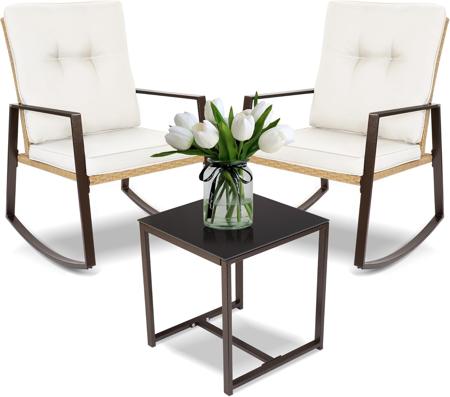 YIYAN 3 Pieces Patio Bistro Set Outdoor Rattan Wicker Rocking Chairs Set,Patio Outdoor Furniture Conversation Sets with Sofa Chairs,Glass Coffee Table and Washable Cushion (Light Beige)
