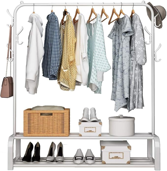 Metal Clothes Rack – Heavy Duty Hanger with Storage Shelf & Side Hooks (White)