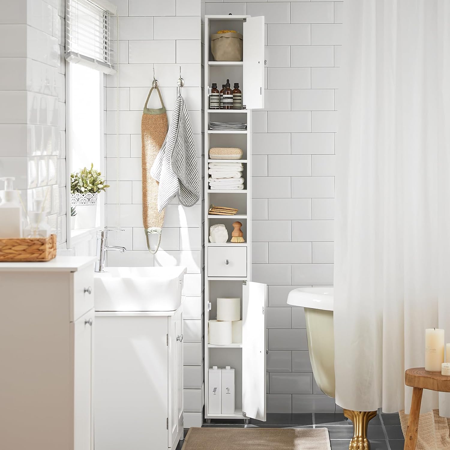 (Dubai Stock) SoBuy مجلس الوزراء Storage Cabinet Drawer Cabinet bathroom storage Bathroom Tall Cabinet 20x20x180cm (white) BZR34-W