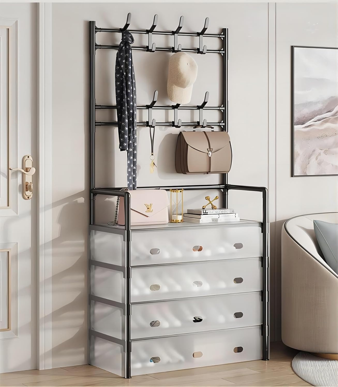 COOLBABY 5-Tier Coat and Shoe Rack with Dust Cover, Multi-Functional Hall Tree Entryway Organizer with 8 Hooks, Sturdy Metal Shoe Storage for Home, Hallway, and Bedroom (Black)