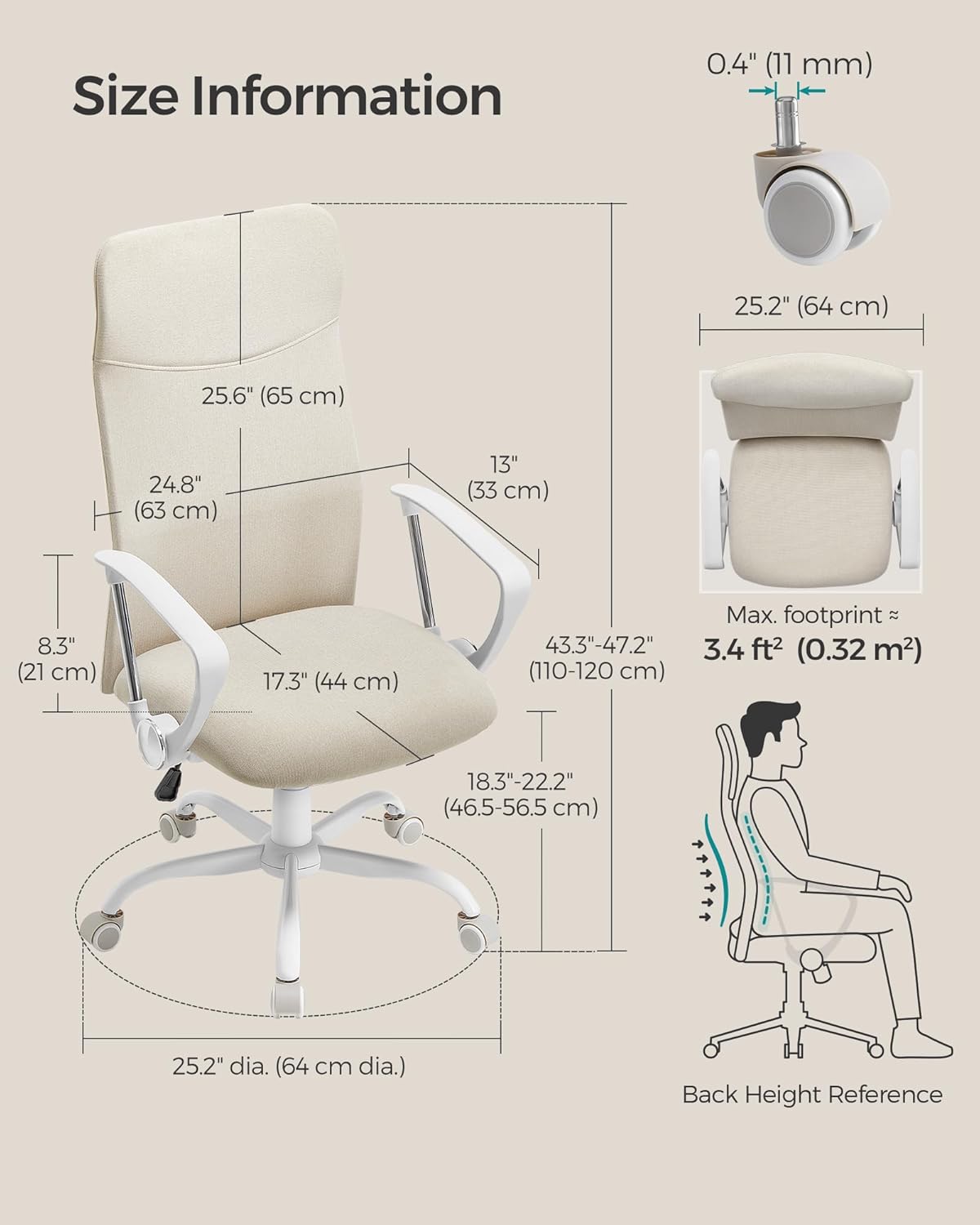 Office Chair, Ergonomic Chair, Swivel Seat, Padded Seat, Adjustable Height and Recliner, Load Capacity 120 kg, Cappuccino Beige