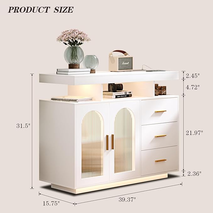 Sideboard Buffet Cabinet with Storage, LED Lights & Charging Station (100 x 40 x 80 cm)