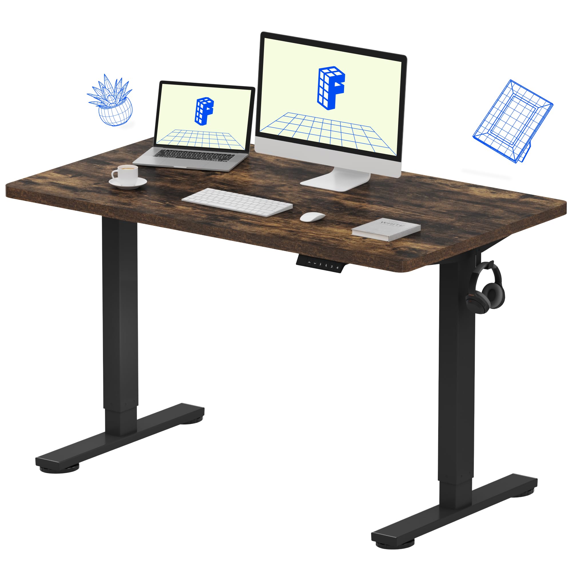 Flexispot 55 X 28 Inches Electric Stand Up Metal Desk Workstation, Whole Piece Desk Board Home Office Computer Standing Table Height Adjustable Desk Black Frame and 55 Black Top-GCC Home Center