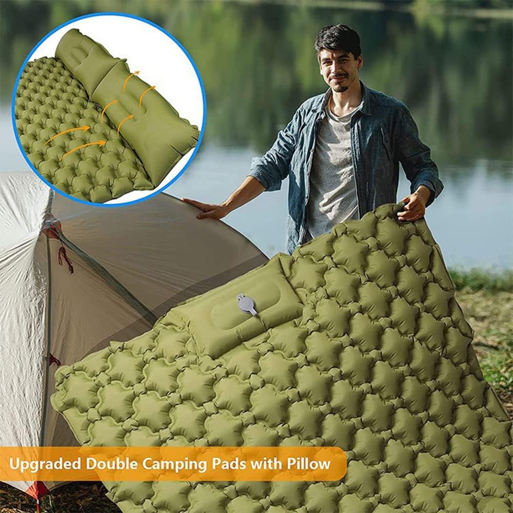 COOLBABY Double Camping Sleeping Pad, Inflatable Camping Pad Foot Press Ultralight 2 Person Camping Mat with Pillow for Camping Hiking Traveling,Army Yellow
