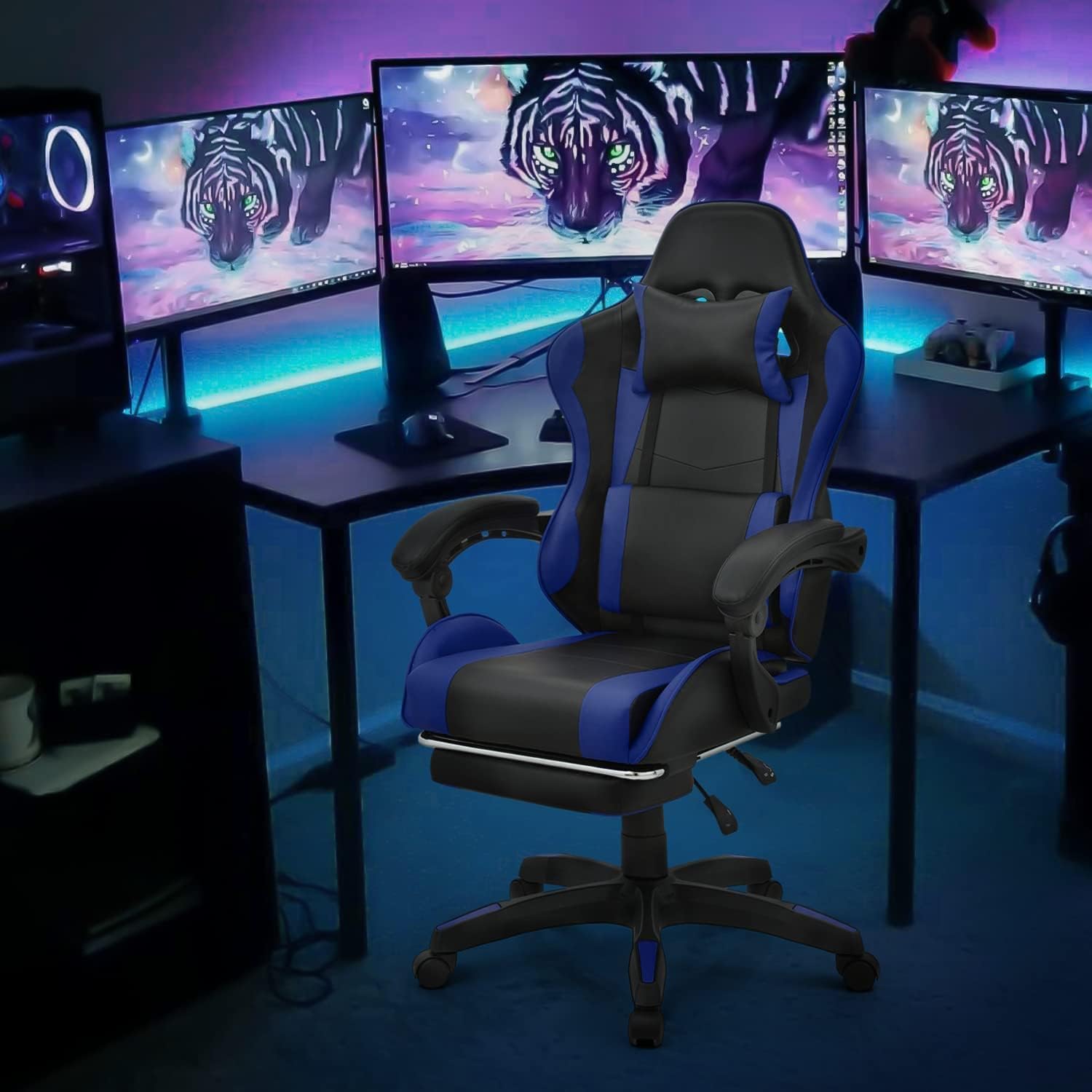 Peng General Gaming Chair with Footrest,Racing Gaming Chair,Computer Gamer Chair,Ergonomic Game Chair with Adjustable Headrest and Lumbar Support (Blue)-GCC Home Center