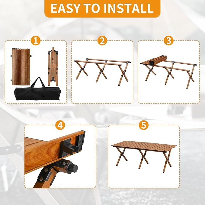 Roll-Up Metal Folding Table For Outdoor Events with Carry Bag – Brown, 120 x 60 cm