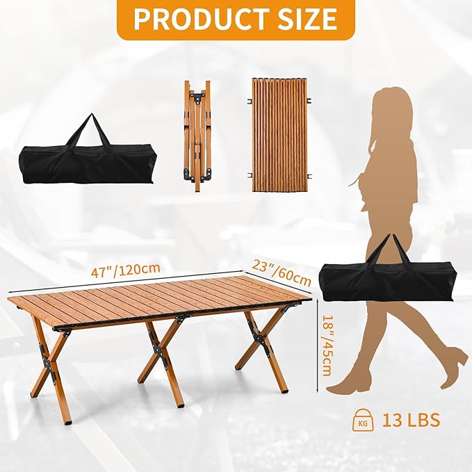 Roll-Up Metal Folding Table For Outdoor Events with Carry Bag – Brown, 120 x 60 cm