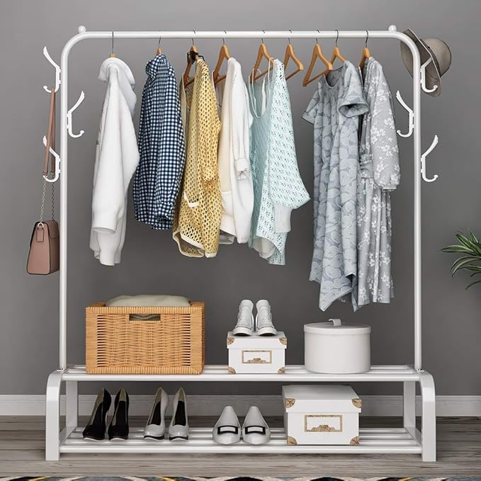 Metal Clothes Rack – Heavy Duty Hanger with Storage Shelf & Side Hooks (White)