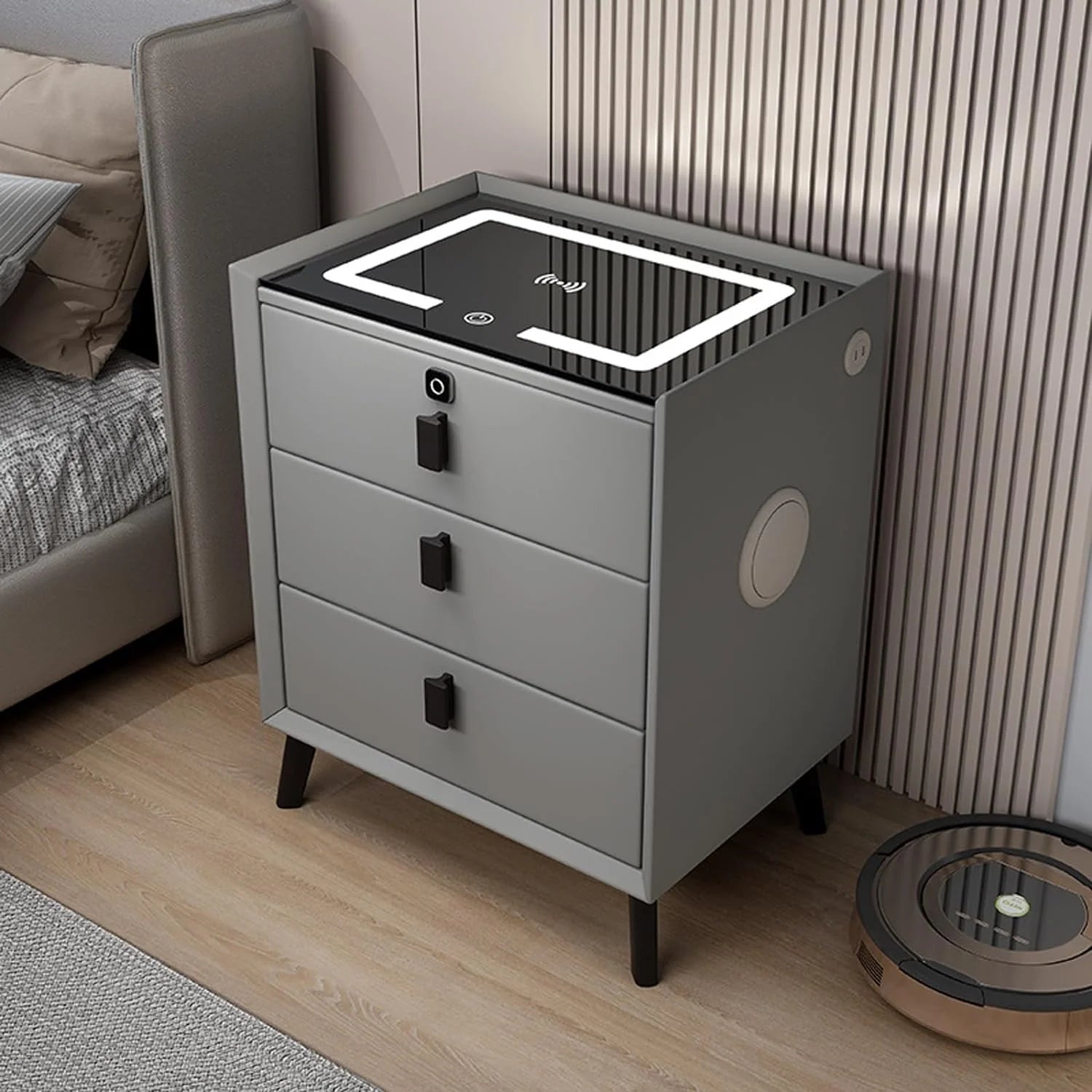 Smart Bedside Table with Fingerprint Lock, Wireless Charging, Bluetooth Speaker & LED Light – 3 Drawer Luxury Nightstand for Bedroom