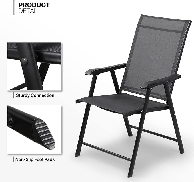 Foldable Patio Chair with Armrests and Breathable Seat Fabric, Outdoor Dining Chair-GCC Home Center