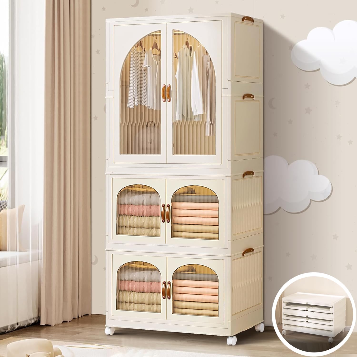 OYDAS Wardrobe Portable Closet, Stackable Storage Bins with Doors,Wheels,Lids,Collapsible Plastic Closet Organizers Storage Cabinet with Closet Rods,Folding Storage Bins (S70-136x60x35cm)-GCC Home Center
