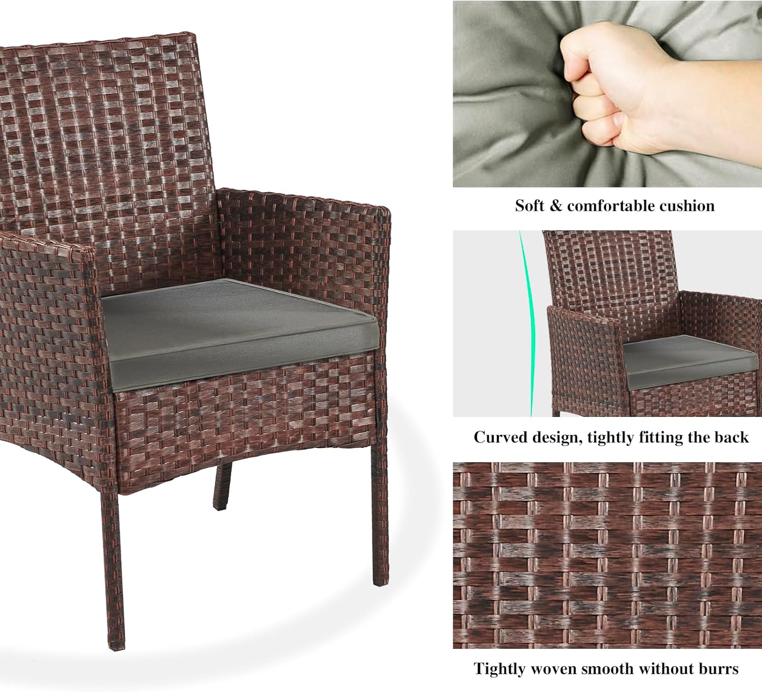 YIYAN Garden Furniture Set 3 Pieces Patio Rattan Wicker Chairs,Patio Porch Outdoor Furniture Set with Chairs, Coffee Table and Washable Cushions (Gray)
