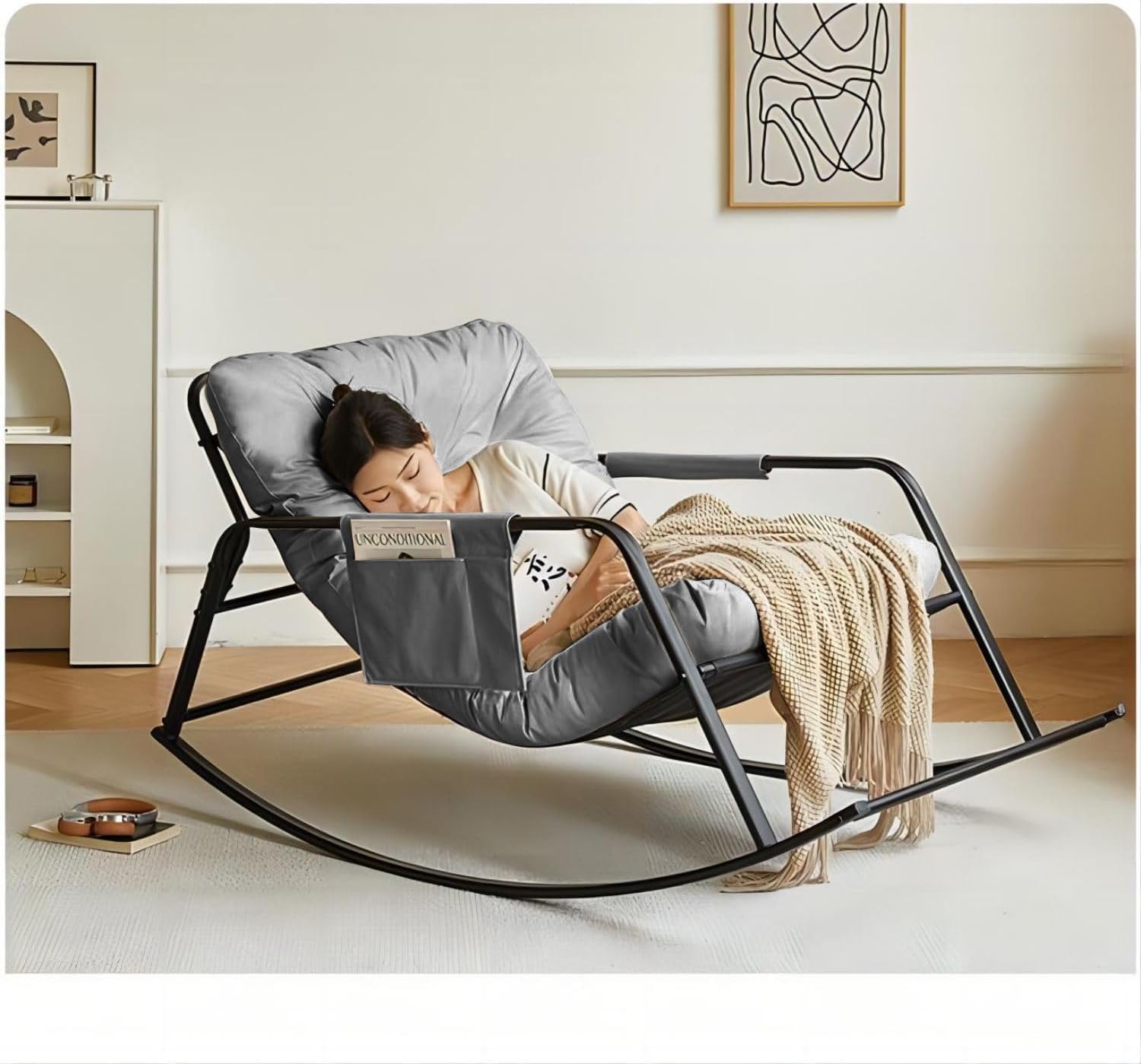 COOLBABY Rocking Chair Rocking Chair Nordic Italian Living Room Household Single Leisure And Comfortable Cloth Sofa Chair for Bedroom Balcony (Color : GREY)