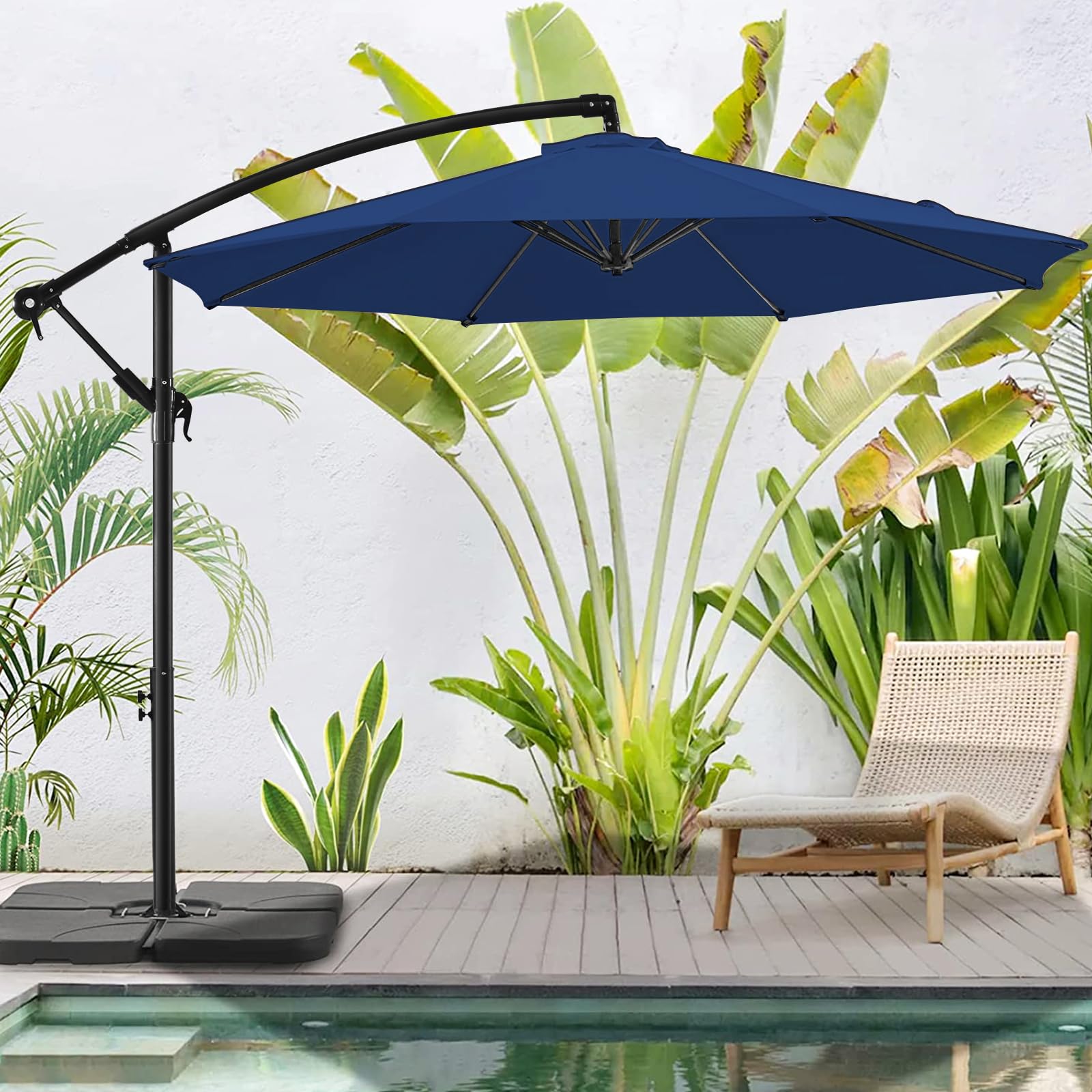 BLUU 10 FT Patio Offset Umbrella Outdoor Cantilever Umbrella Hanging Umbrellas, Fade Resistant Crank & Cross Base