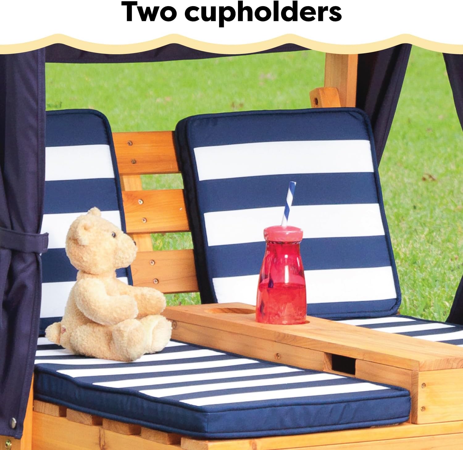 KidKraft Wooden Outdoor Double Chaise Lounge with Cup Holders, Kid's Patio Furniture, Honey Navy and White Striped Fabric, Gift for Ages 3-8