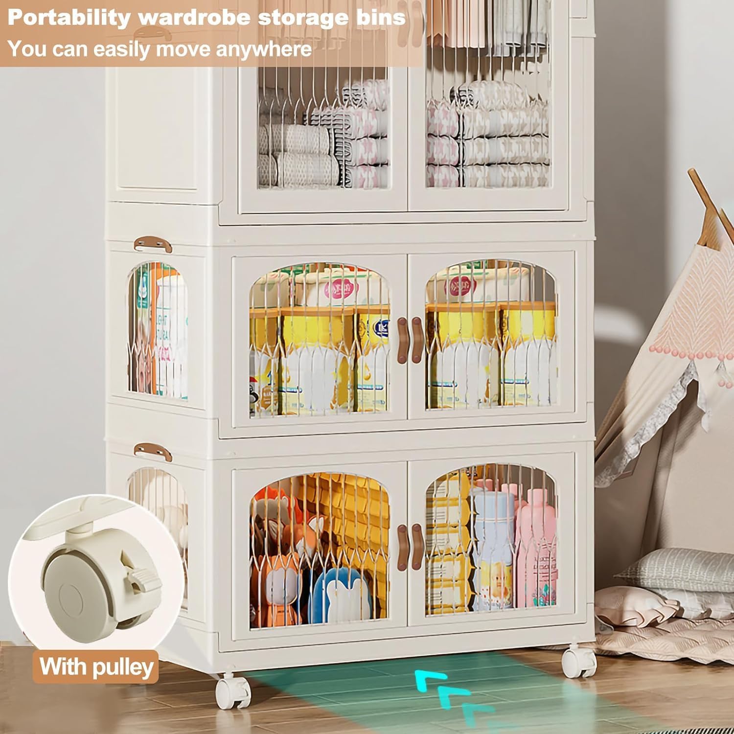 OYDAS Wardrobe Portable Closet, Stackable Storage Bins with Doors,Wheels,Lids,Collapsible Plastic Closet Organizers Storage Cabinet with Closet Rods,Folding Storage Bins (S70-136x60x35cm)-GCC Home Center