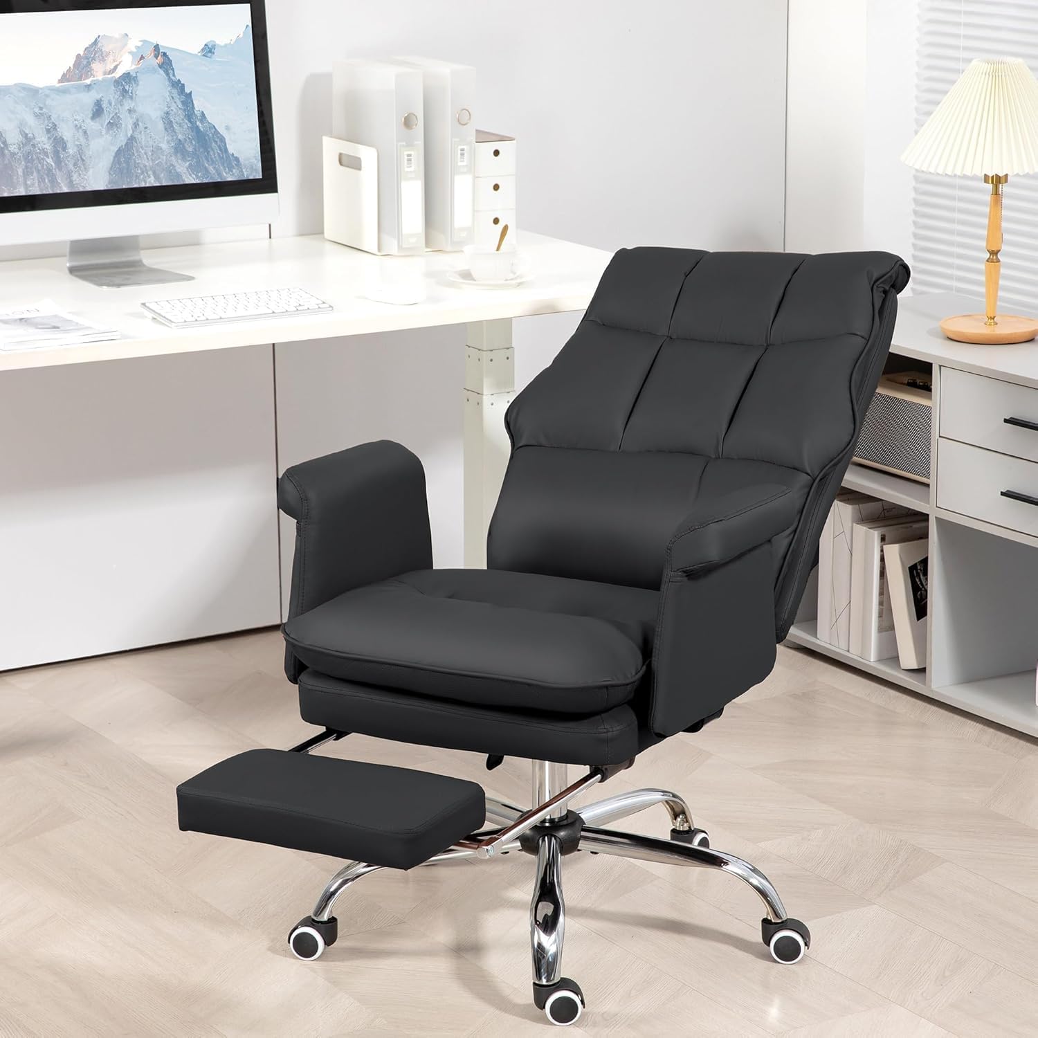 PU Leather Computer Chair with Footrest Backrest - Ergonomic Office Chair, with Mouse Pad, 360°Swivel Desk Chair, High Back & Adjustable Height Computer Table Chair, for Home Office (Black)