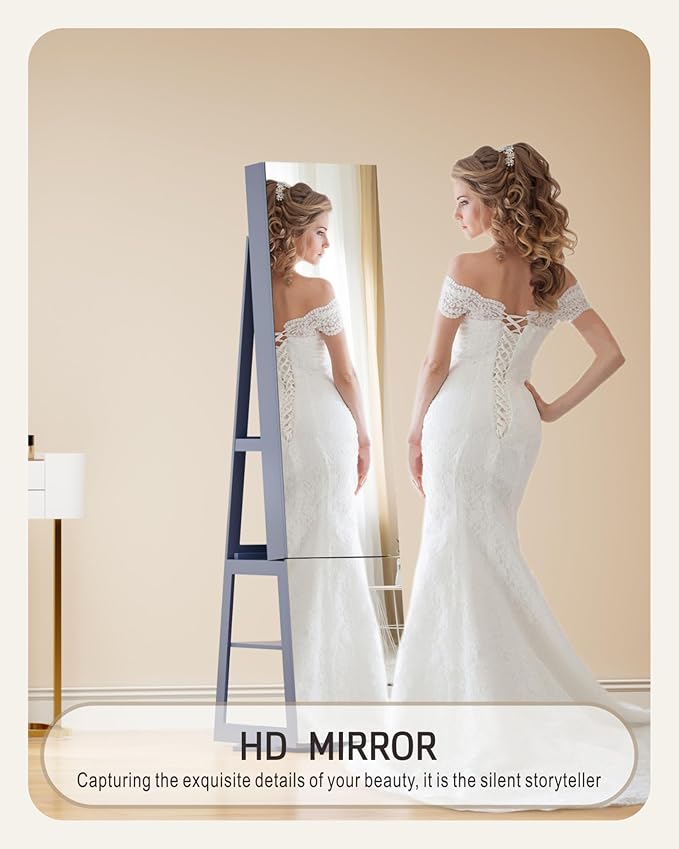 Mirror Jewelry Cabinet with Storage – 360° Swivel Jewelry Armoire, Light And Shelves